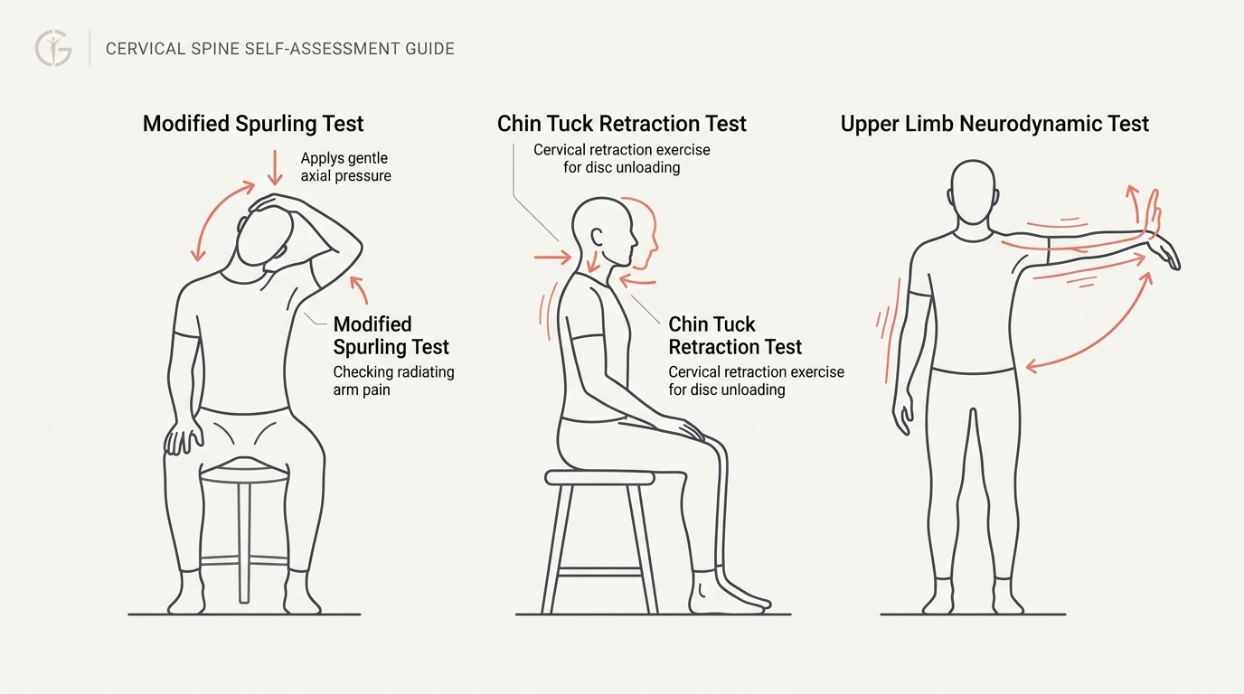 Rörelse-avatarer som illustrerar Spurling test, chin tuck retraktion och armnervstest